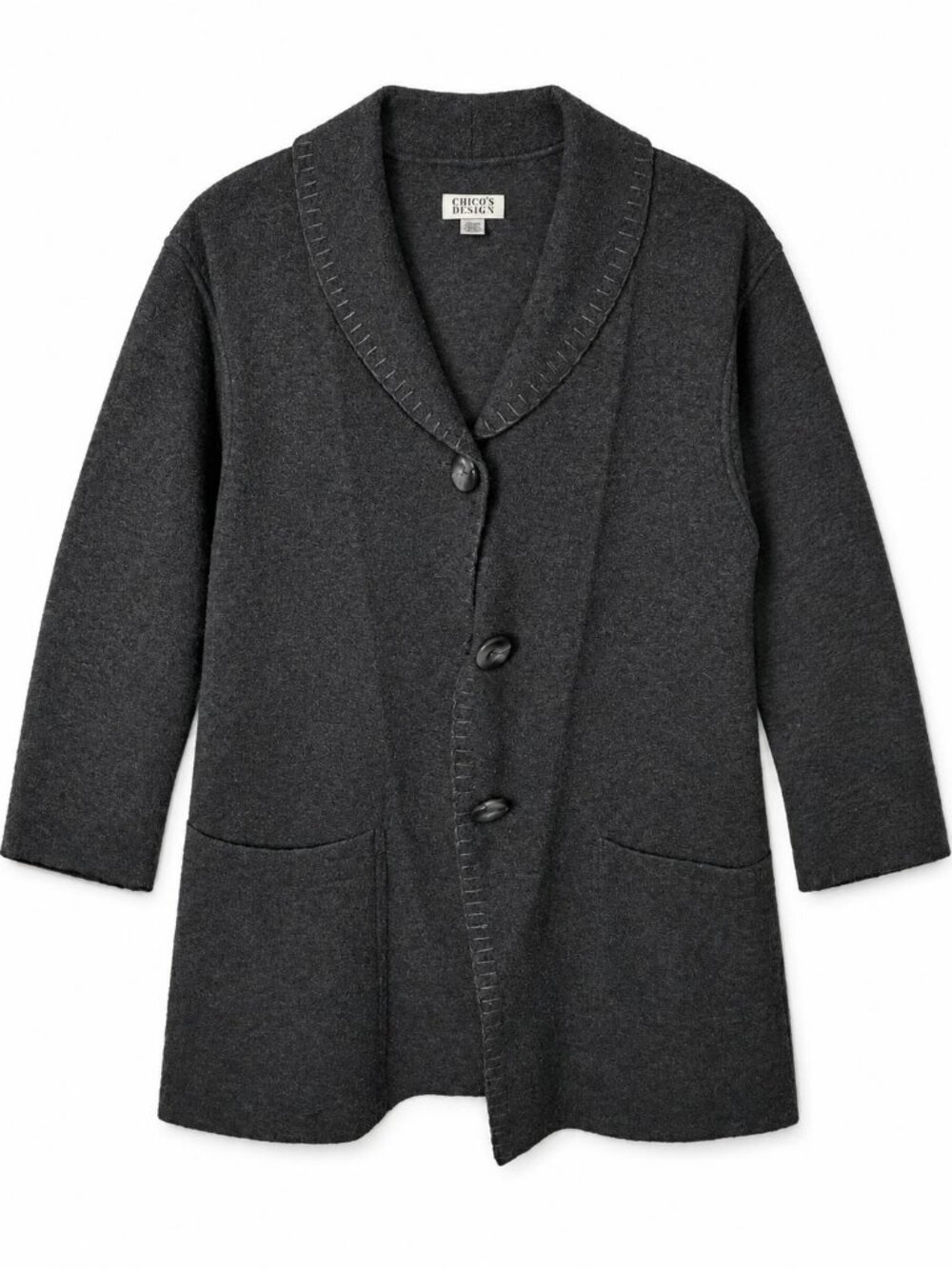 Chico's Design Charcoal Shawl Collar Cardigan 3-Button Pockets L